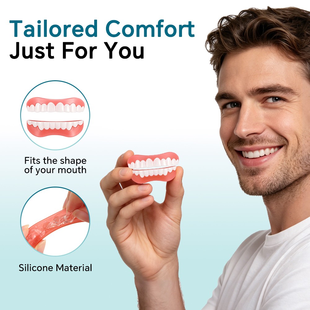 False Teeth Set Full Dentures,Adjustable Silicone Dentures to Fit Over Existing
