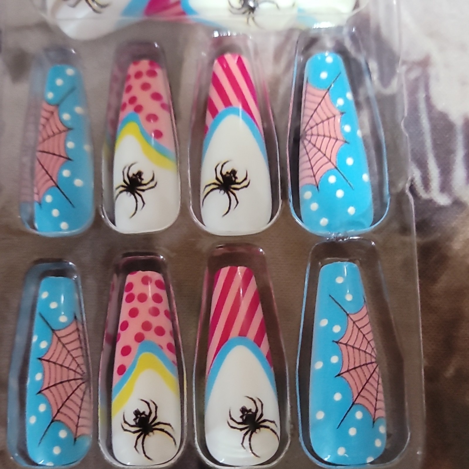 Beautiful Nail Pre-Designed Press-On Nails Halloween Spider Web Blue Pink White