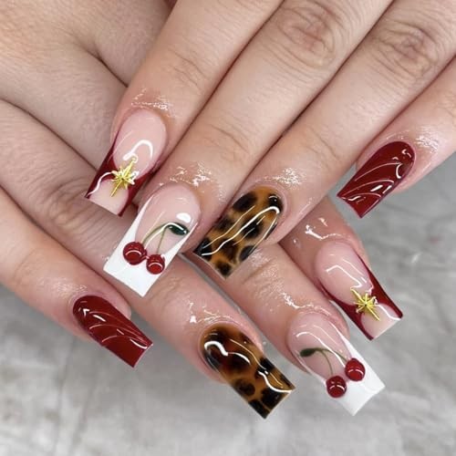 Medium Square Press on Nails Brown Leopard Print and Red Red & Leopard Print