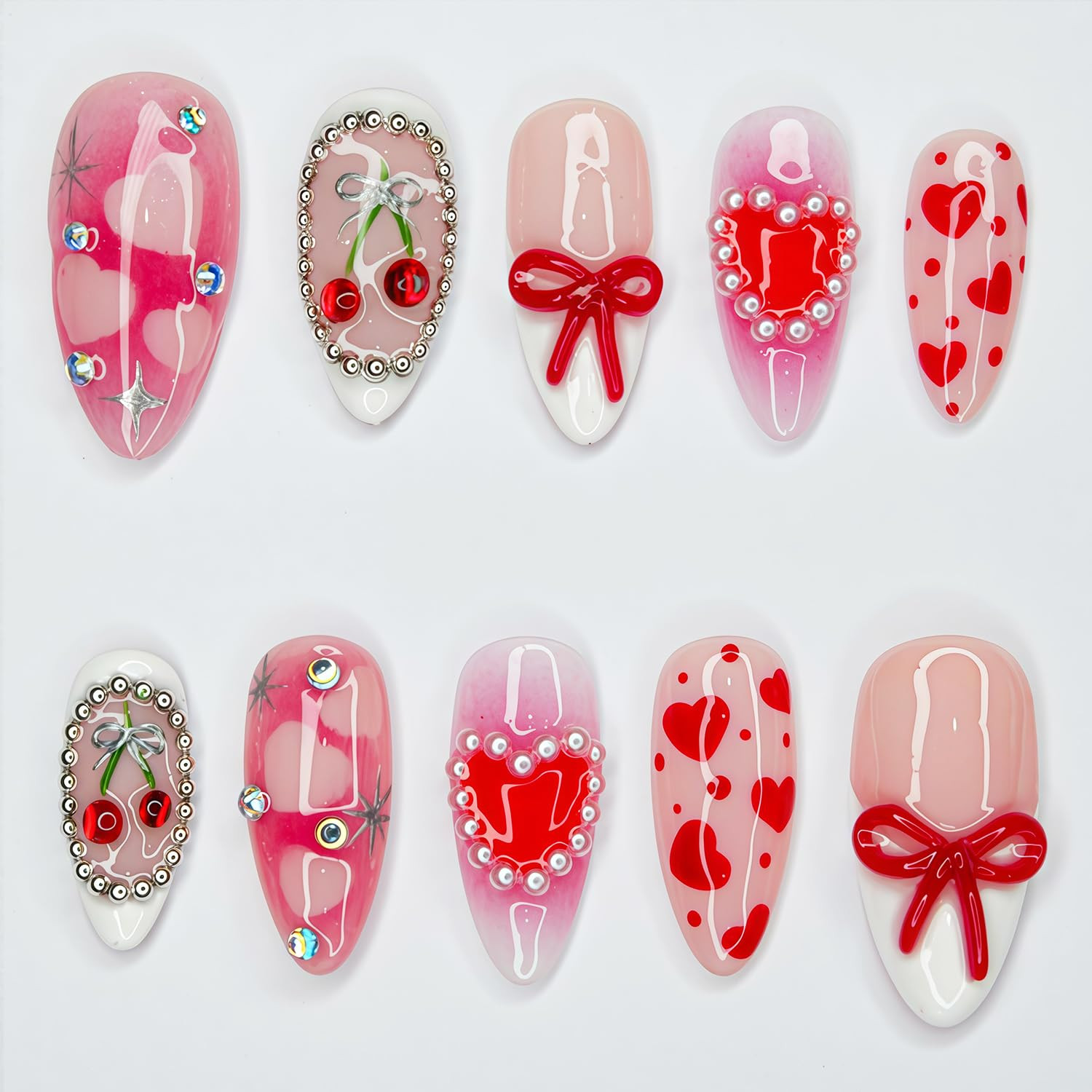 24Pcs Medium Almond Press on Nails Pink Valentines Fake Nails 3D Metal Bow Acryl