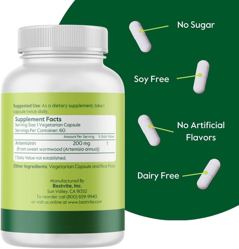 Bestvite Artemisinin 200mg (60 Vegetarian Capsules)-No Stearates- No Flow Agents