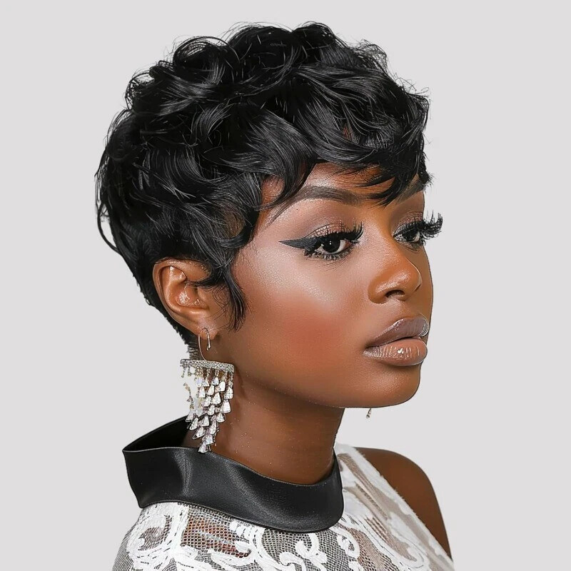 Short Curly Layered Pixie Cut Wigs for Women Human Hair Wave Wigs None Lace USA