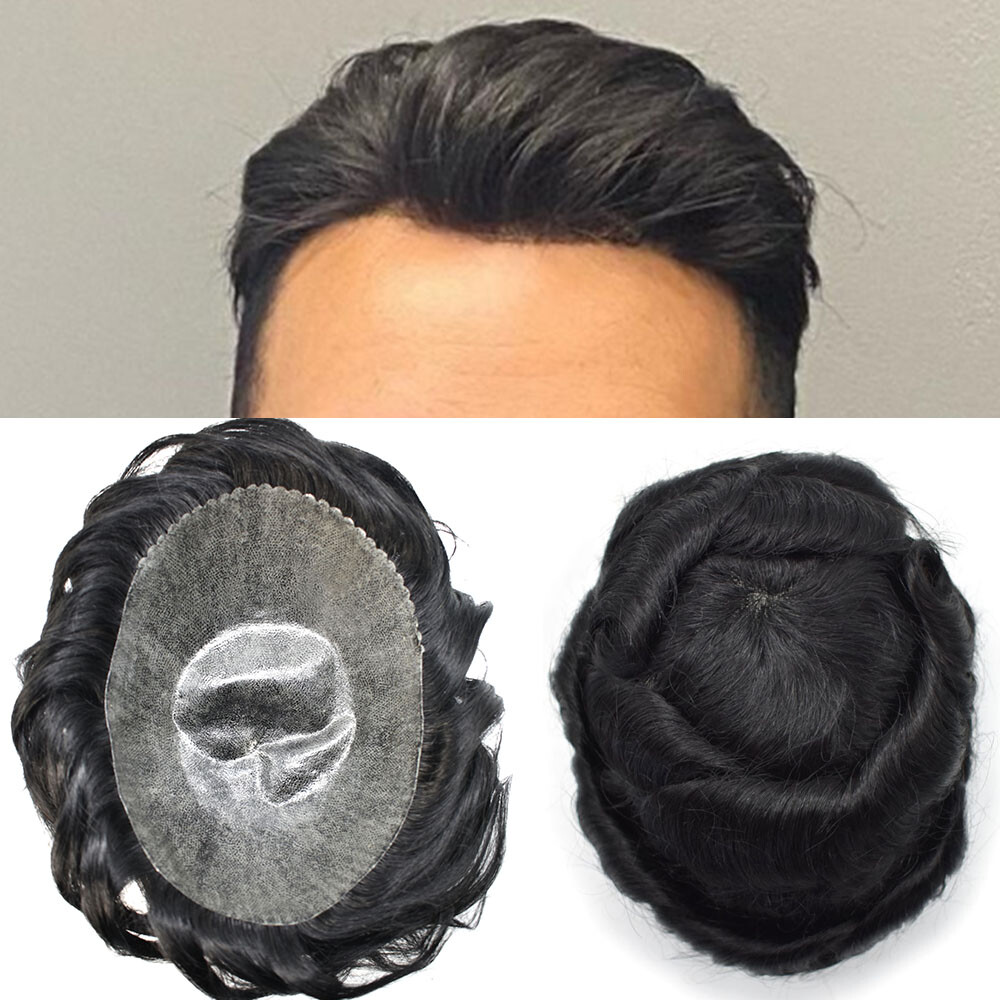 Full Poly Skin Mens Toupee Injected PU Human Hair System Replacement Wig for Men