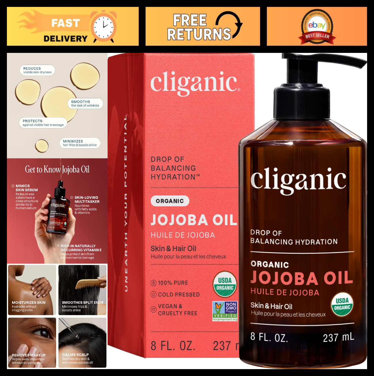 100% Pure Organic Jojoba Oil 8oz – Moisturizing for Face, Hair, Skin & Nails – C