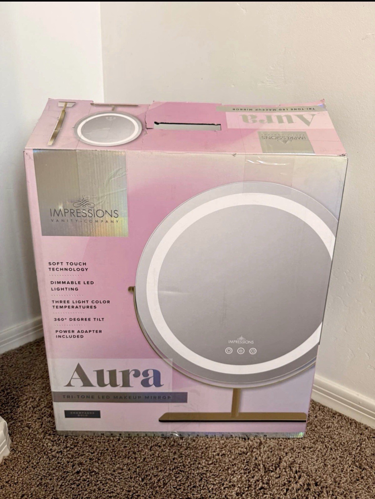 Impressions Vanity Aura Tri Tone Round Makeup Mirror w/ Lights (Champagne Gold)