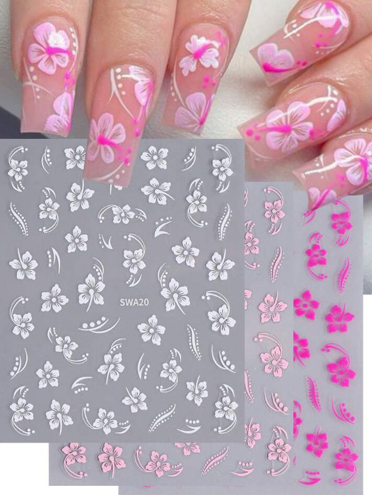 4pcs Hibiscus Nail Stickers Hawaiian Flower Vine Floral Decal Manicure Peel NS32