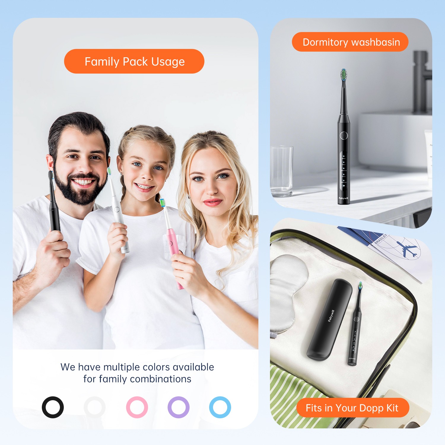 Fairywill Sonic Rechargeable Electric Toothbrush 8 Brush Head 5 Mode Travel Case