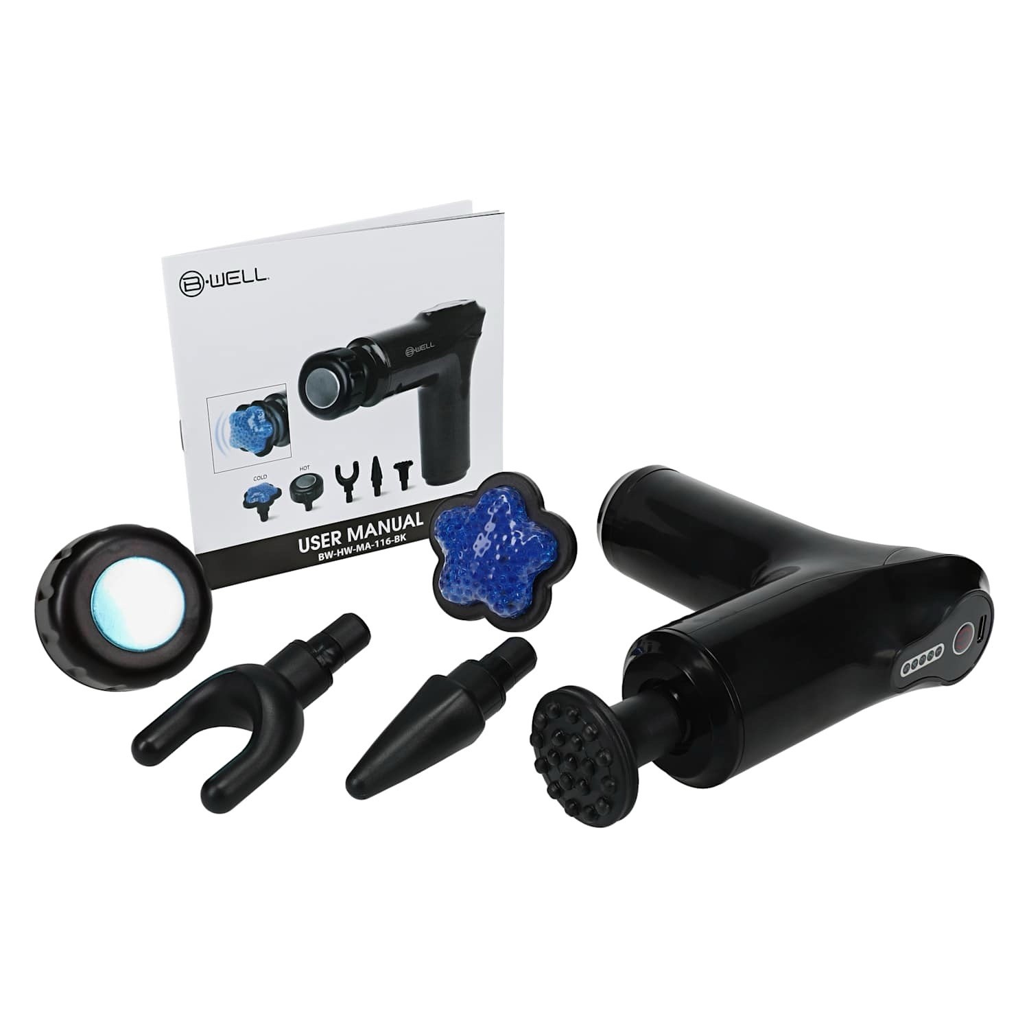 B.Well Massage Gun Handheld Rechargeable Black 4 Attachments Percussion