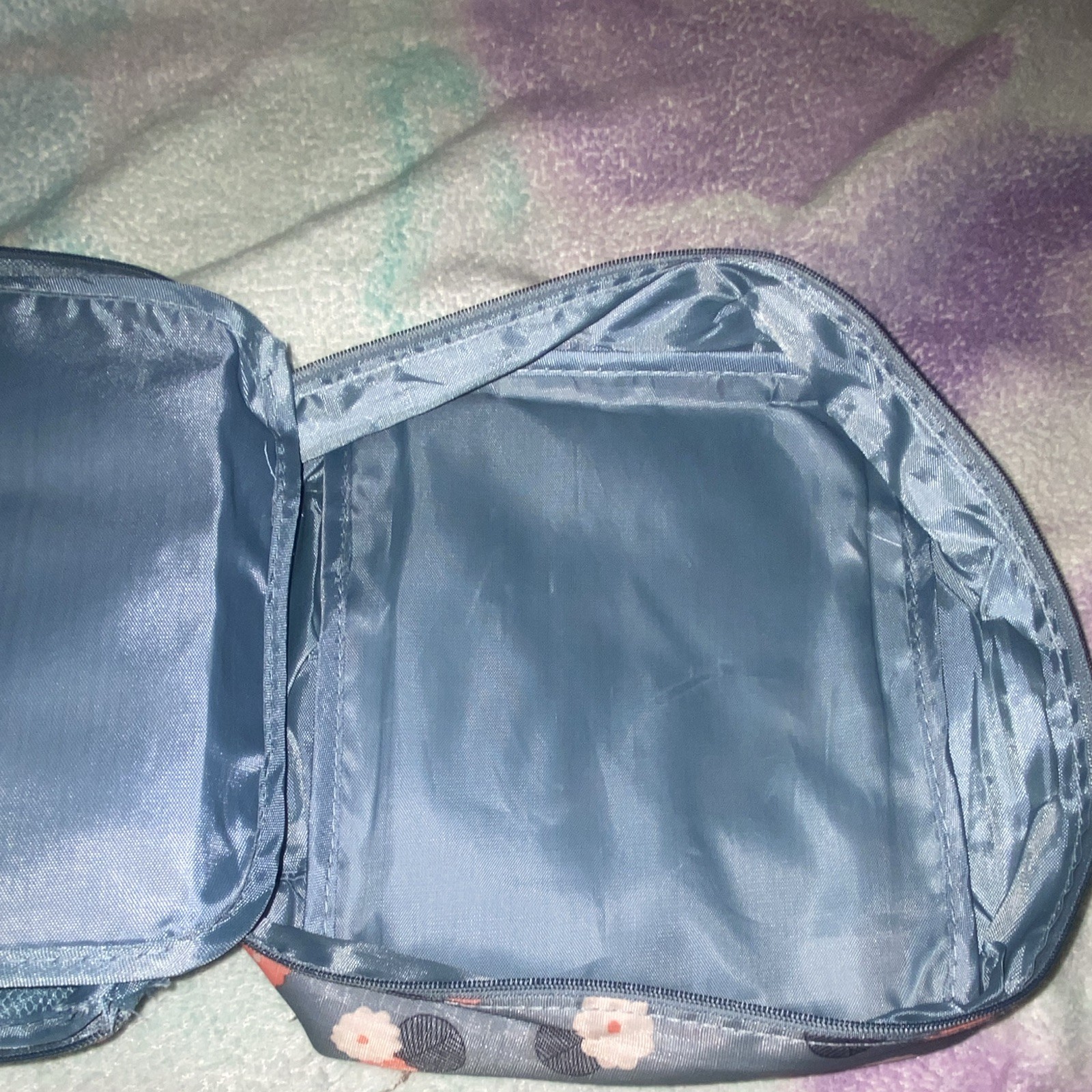 Blue White Pink Floral Makeup Bag Cosmetic Pouch with Zipper Closure
