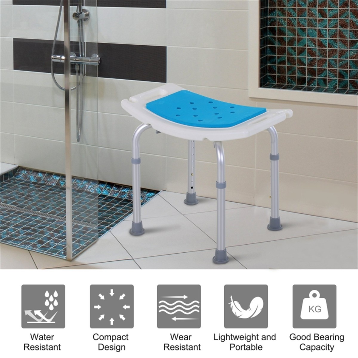 Adjustable Height Shower Chair Bath Stool, 300 lbs Capacity, Blue/White/Silver