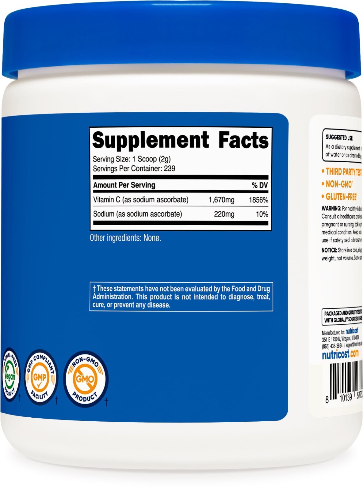 Sodium Ascorbate Powder 1 LB – Unflavored, Vegan, GMO-Free, Gluten-Free, 2g/Serv