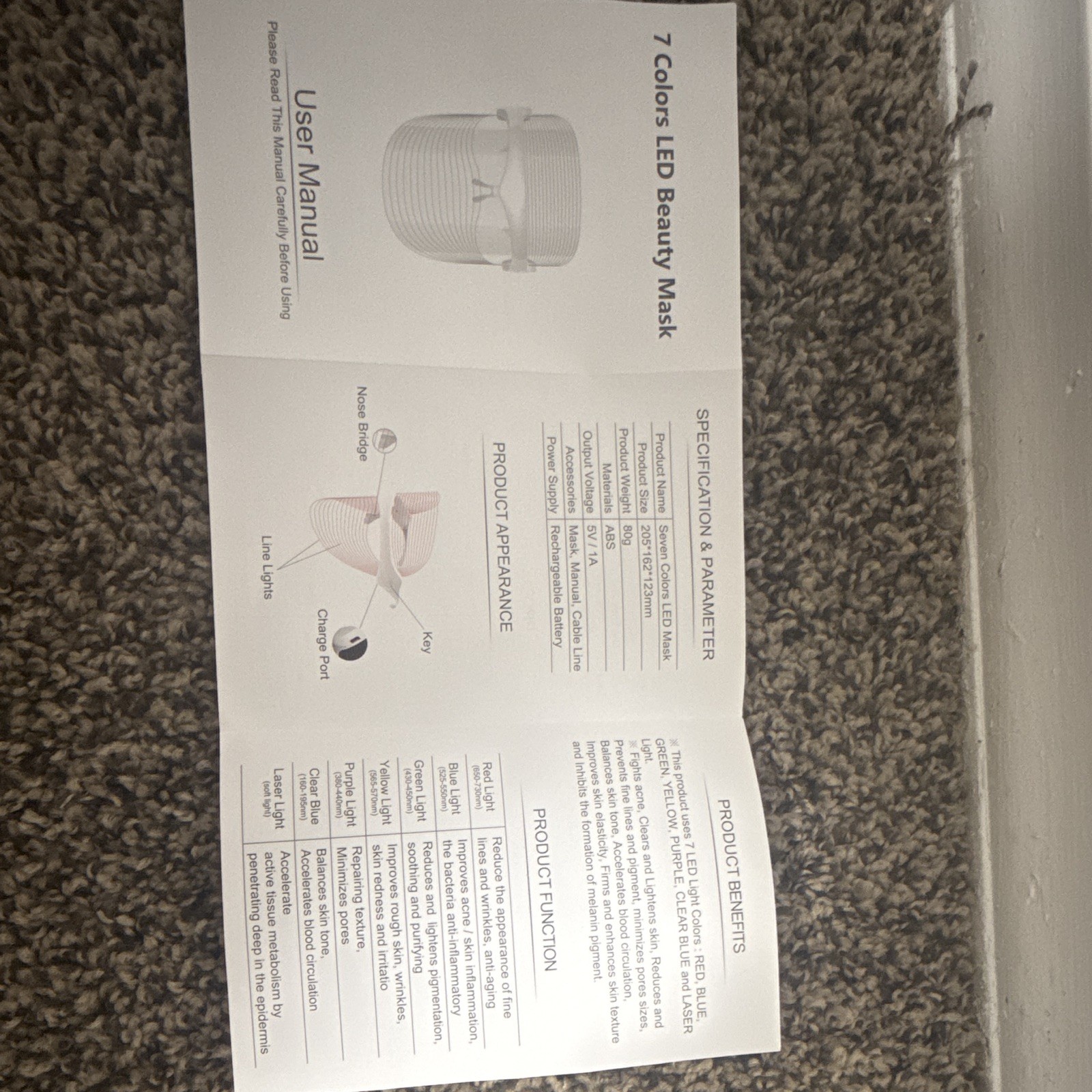 7-Color LED Light Therapy Face Mask, White, Rechargeable Battery, Unisex