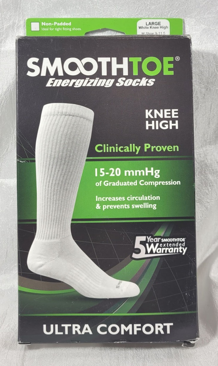 SmoothToe Adult Unisex Energizing Knee High 15-20mmHg Socks – White – L