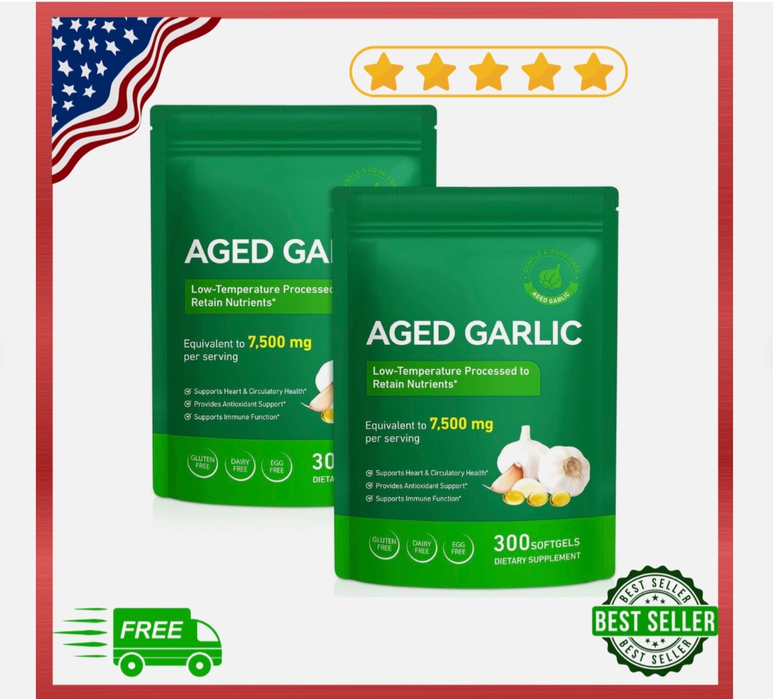 Best Aged Garlic Extract, 300 Softgels, 7500mg Odorless | Heart & Immune Pack 2