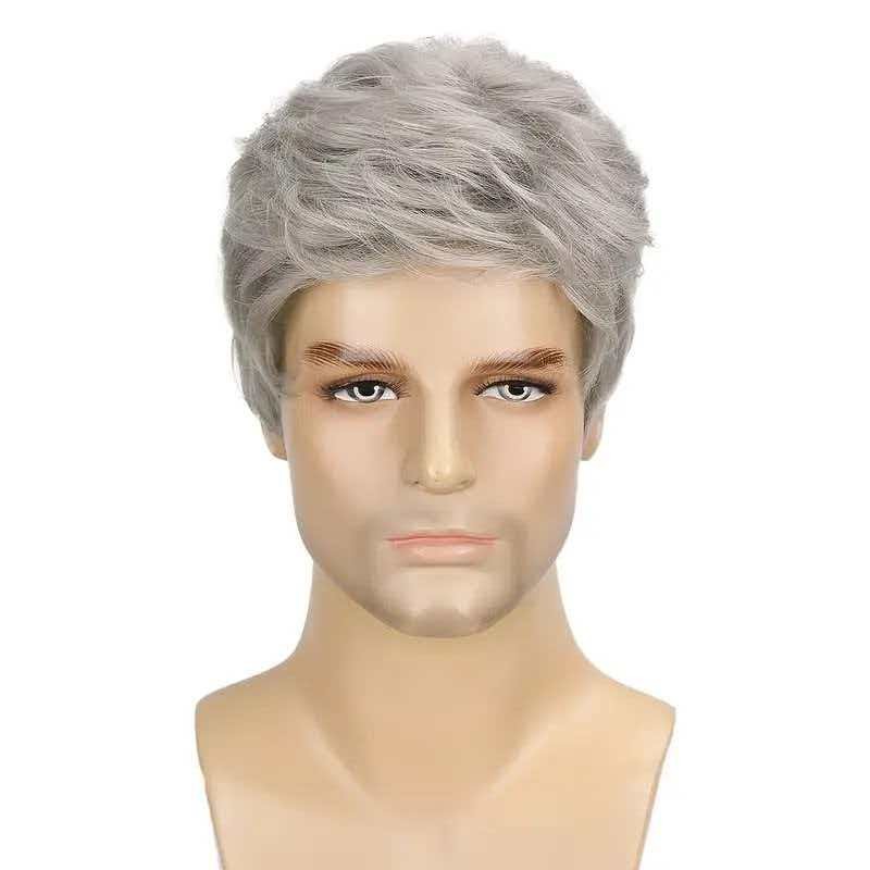 Men’s 6in Silver Gray Full Wig Heat Resistant Synthetic Cosplay Halloween Party