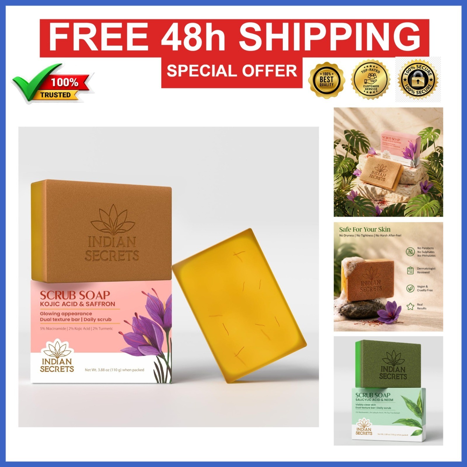 Kojic Acid & Saffron Scrub Soap Bar – Exfoliating Face & Body Cleanser