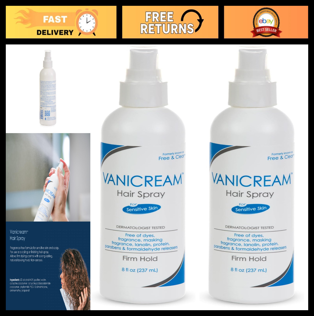 Fragrance-Free Firm Hold Hairspray for Sensitive Skin, Gluten-Free, 8oz (2-Pack)