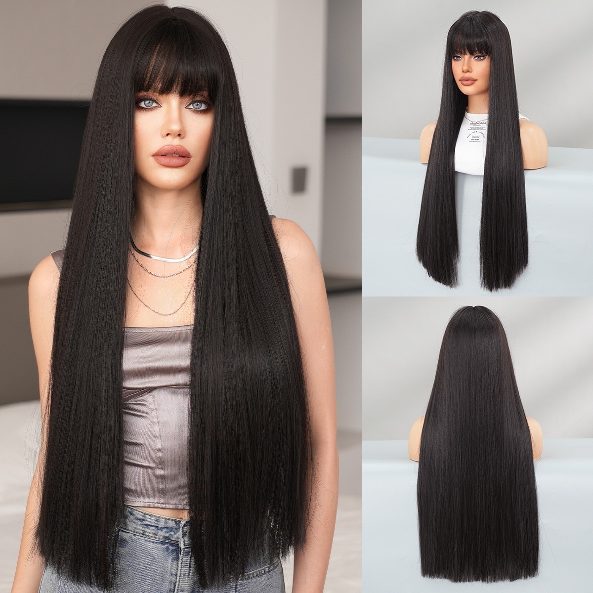 One-size-fits-all ultra-long straight hair 28in wig with female side-swept bangs
