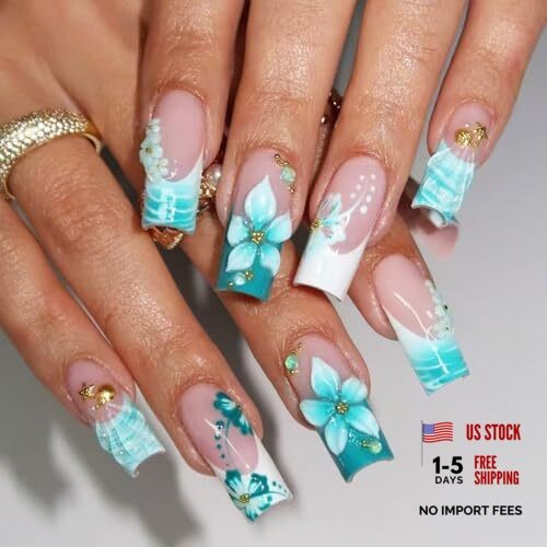 Medium Square Press on Nails Fake Nails Artificial Nail Stick onNail Light Blue