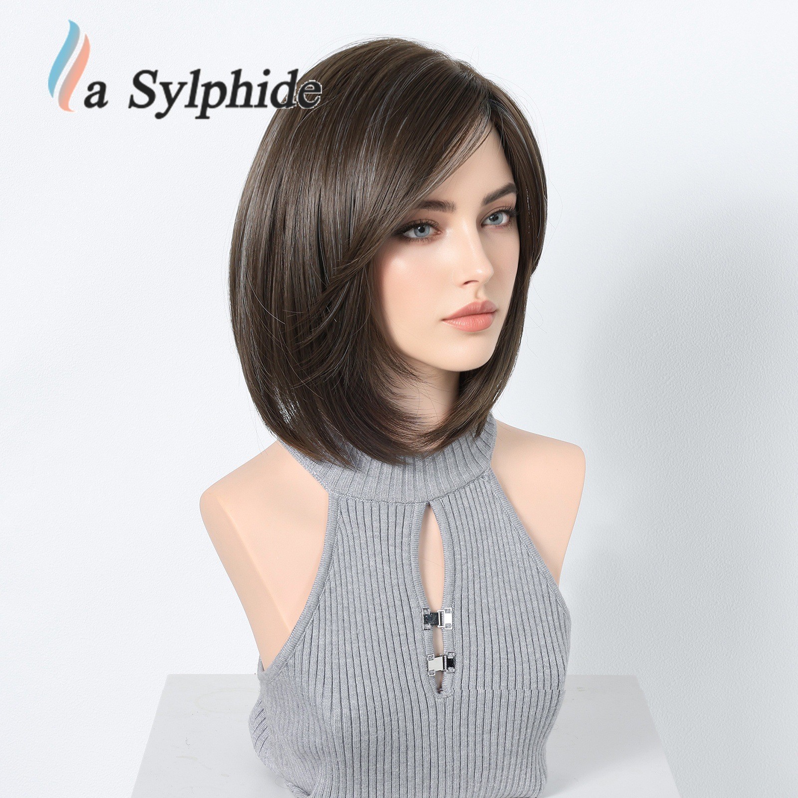 Brown Highlight Clavicle BOB Short Straight Wig Side Bang Rose Net Breathable