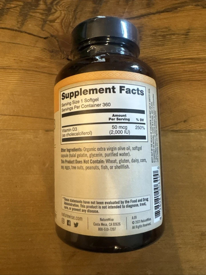 NatureWise Vitamin D3 2000iu (50 mcg) 1-Year Supply for 360 Count BB: 3/2028