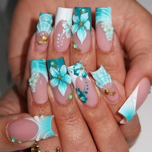 Medium Square Press on Nails Fake Nails Artificial Nail Stick onNail Light Blue