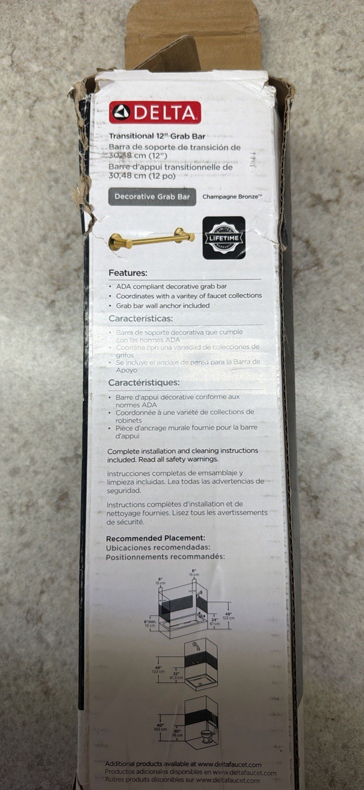 Delta ADA Compliant Decorative Straight Grab Bar 12 in, Champagne Bronze