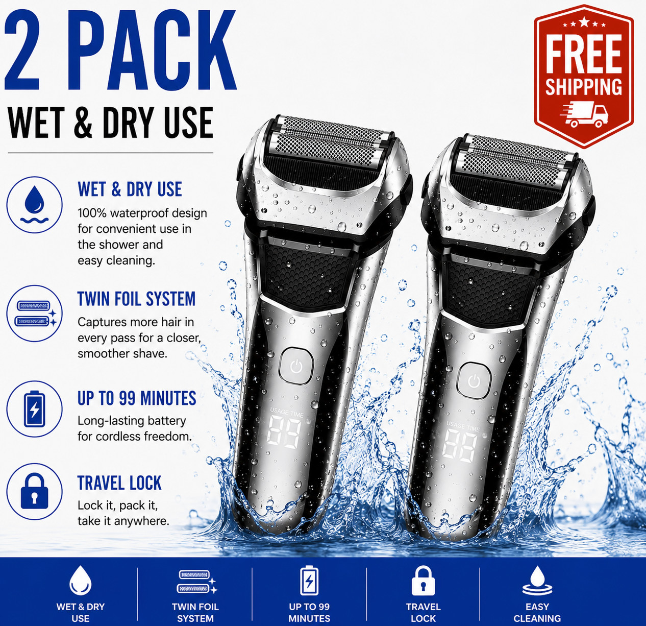 2 PACK Electric Razor for Men,Shavers for Men Electric Razor Wet Dry