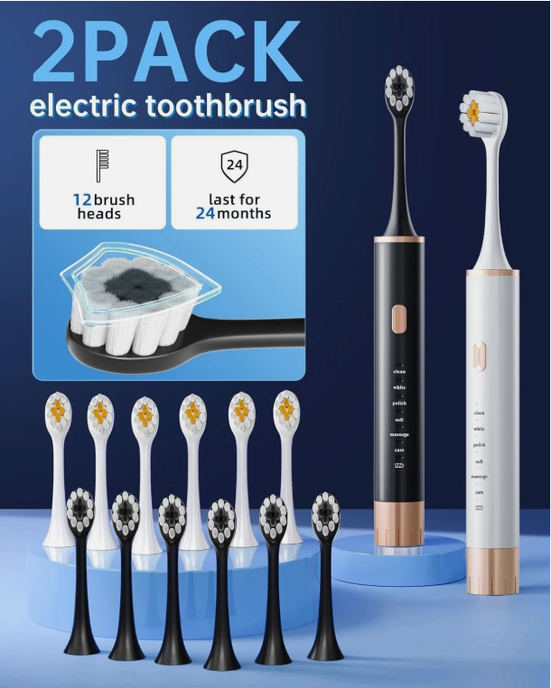 2 Pack Electric Sonic Toothbrush 6 Modes USB Rechargeable W/ 12 Replacement Head