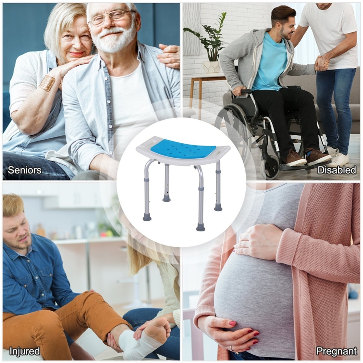 Adjustable Height Shower Chair Bath Stool, 300 lbs Capacity, Blue/White/Silver