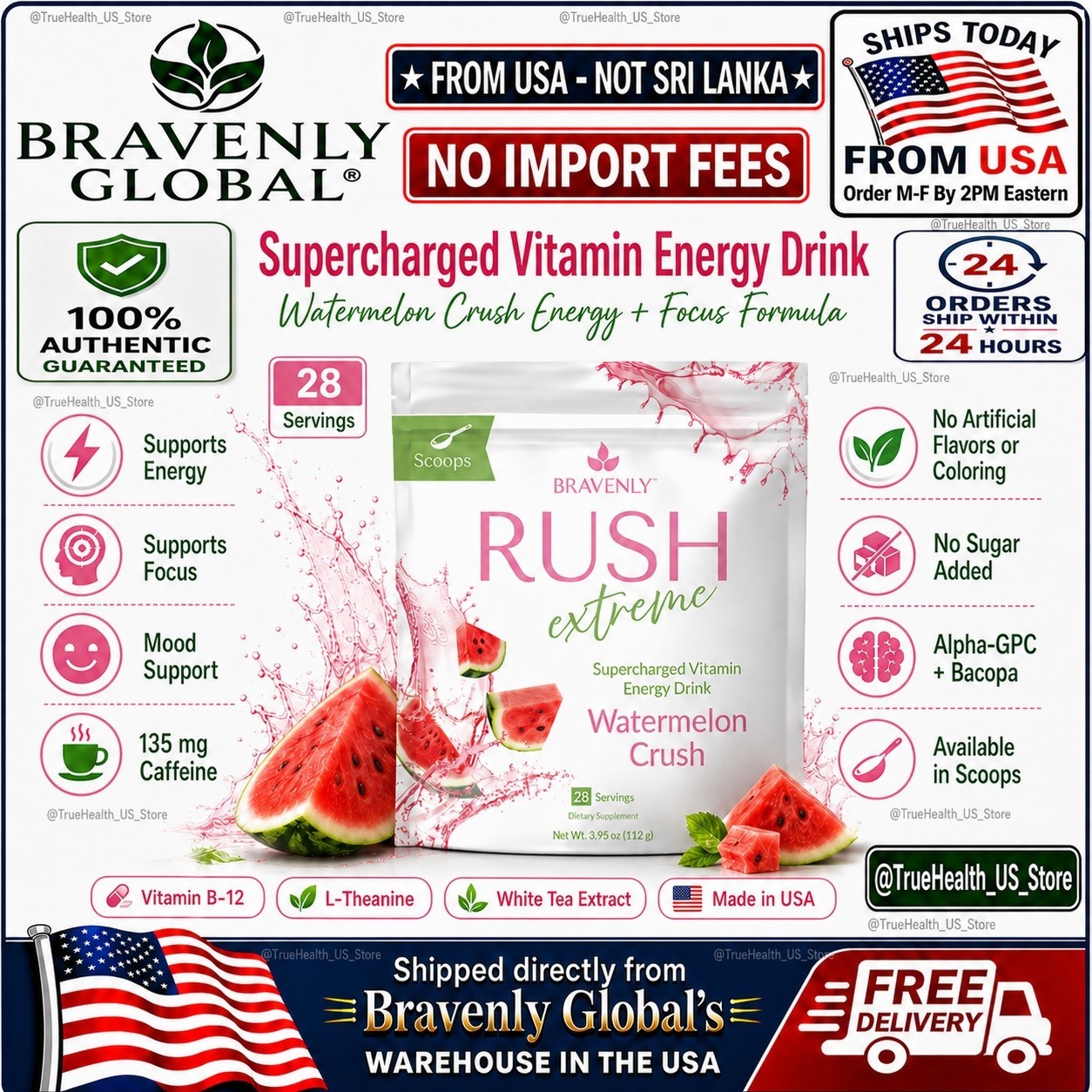 Bravenly Rush Extreme Watermelon Energy Focus Drink Mix New&Sealed 🔥Seller US🔥