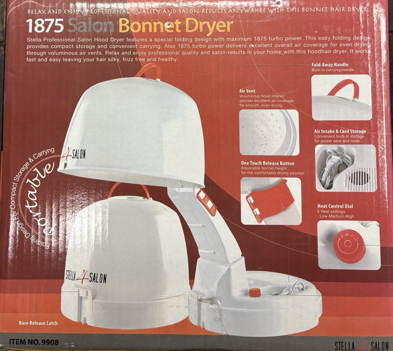 Stella 4 Salon 1875W Bonnet Hood Hair Dryer Portable Folding Model 9908 New