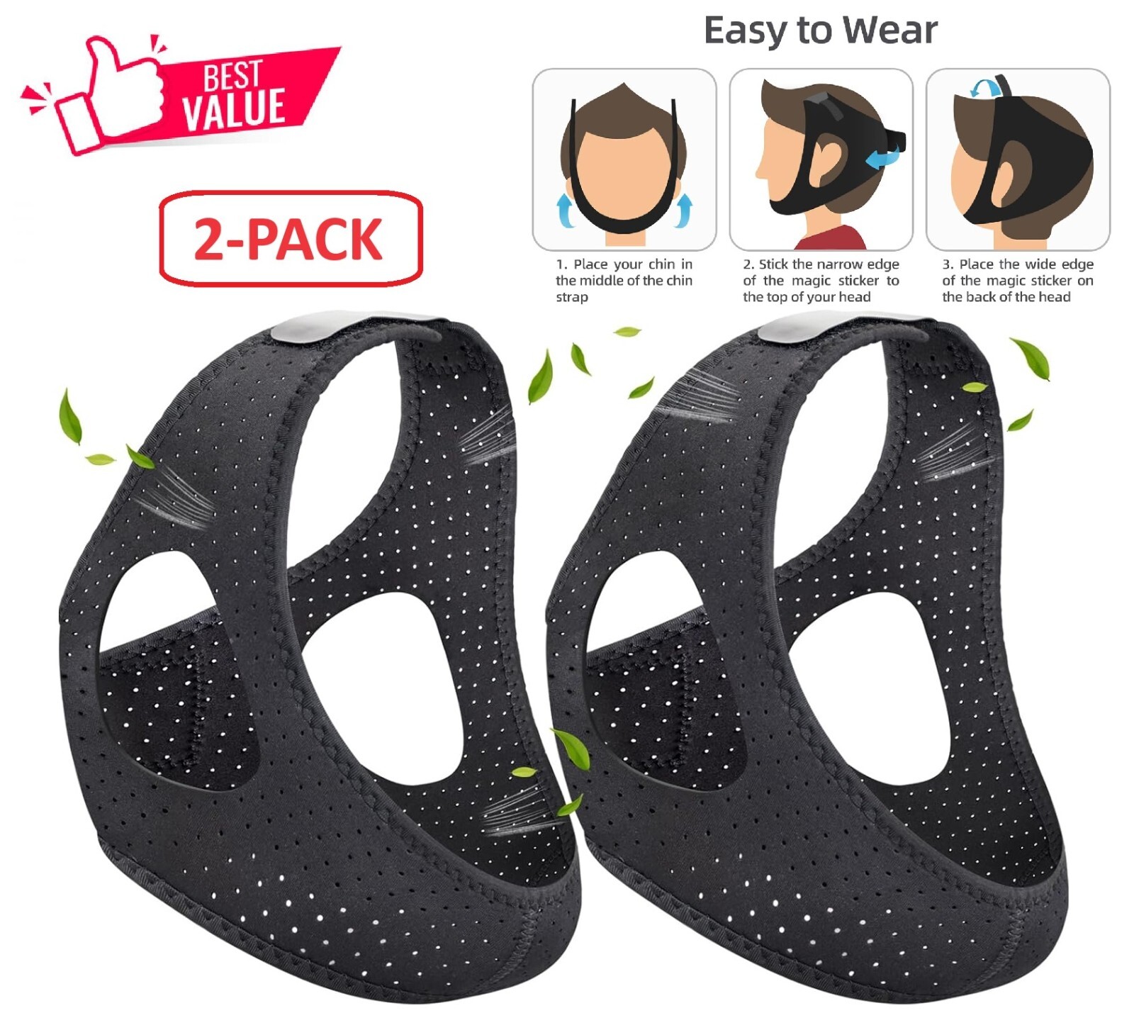 2 Pack Anti Snoring Chin Strap Sleep Apnea Snore Stop Belt Snoreless Sleep Jaw