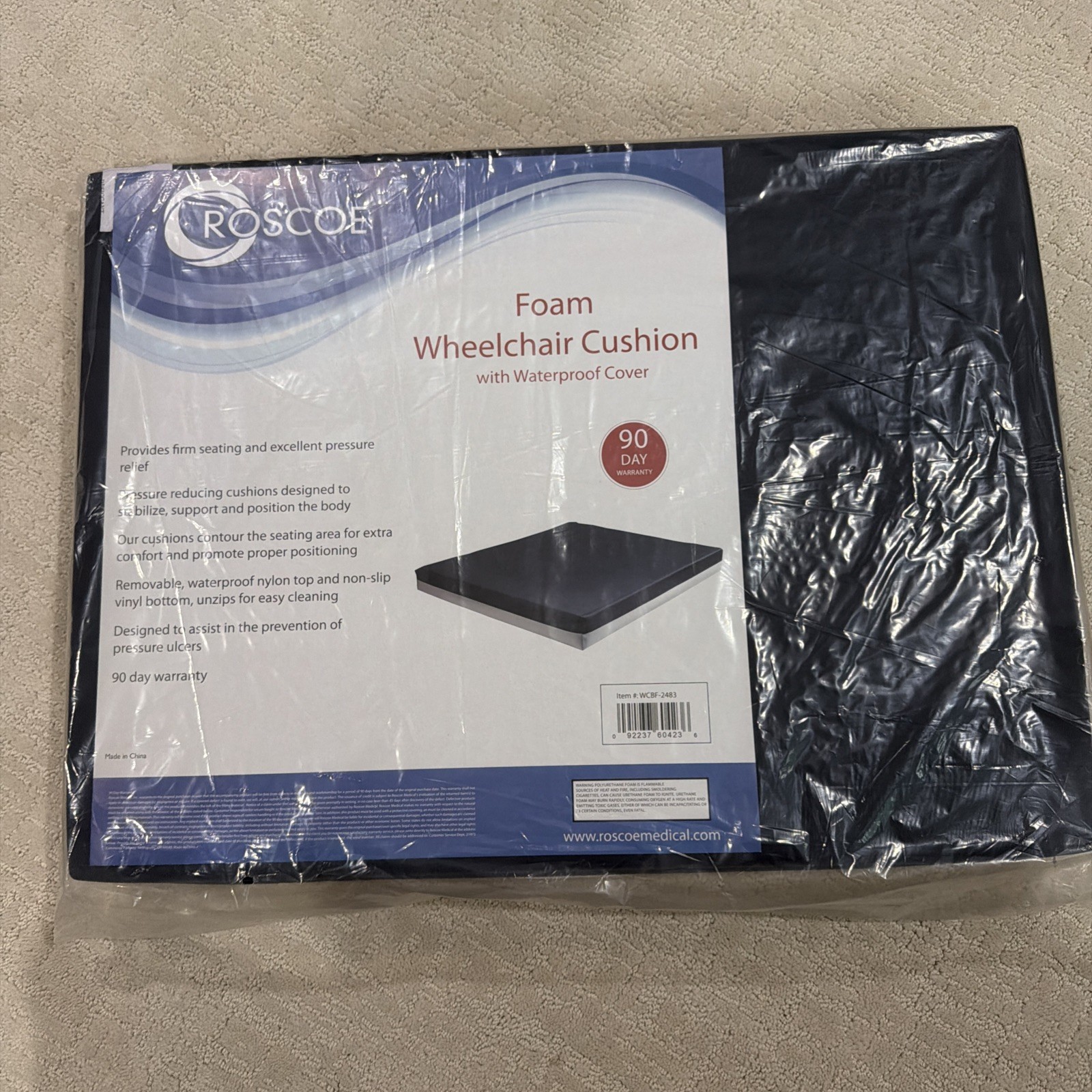 NEW SEALED Roscoe Foam Wheelchair Cushion With Waterproof Cover 24×18