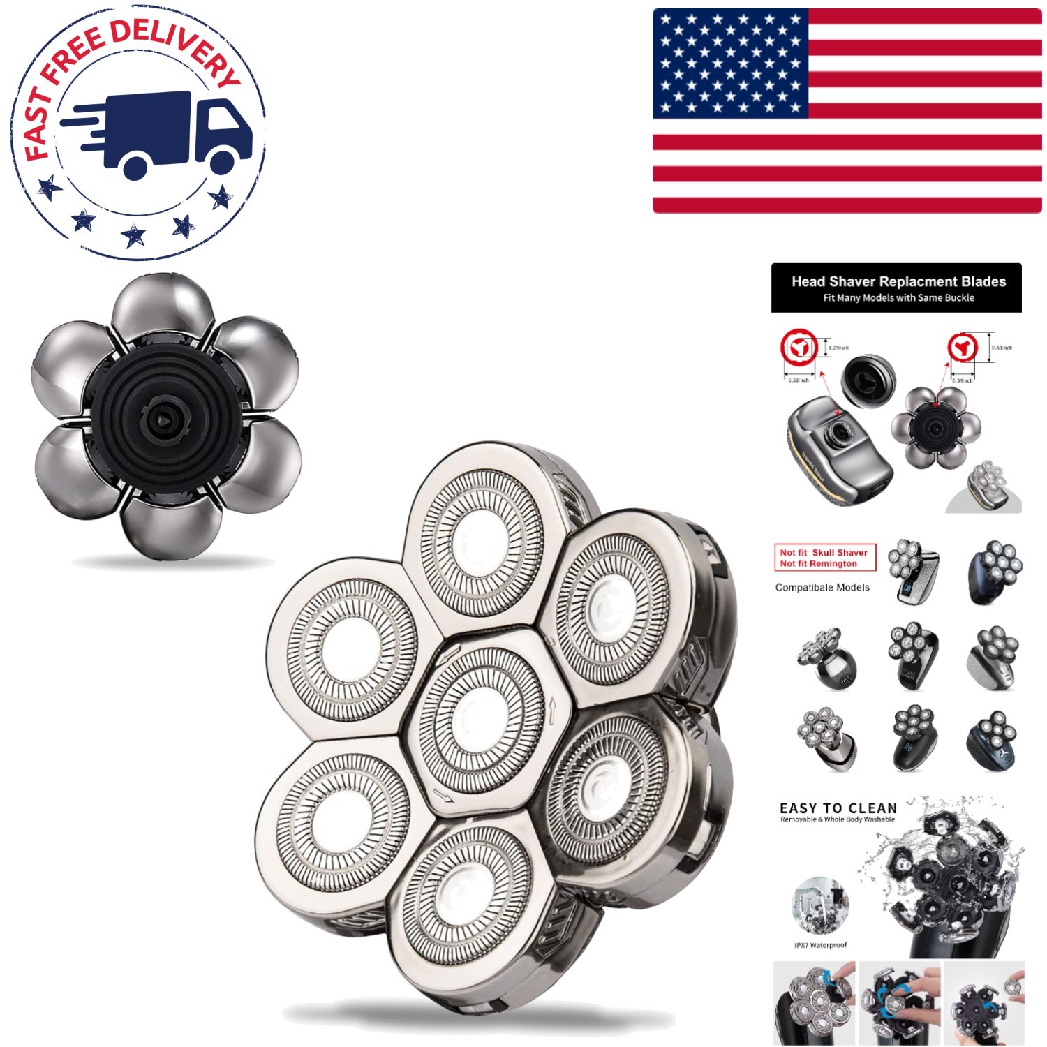 Self-Sharpening 7D Rotary Blades – 7 Pack Silver Replacement Heads for Shaving