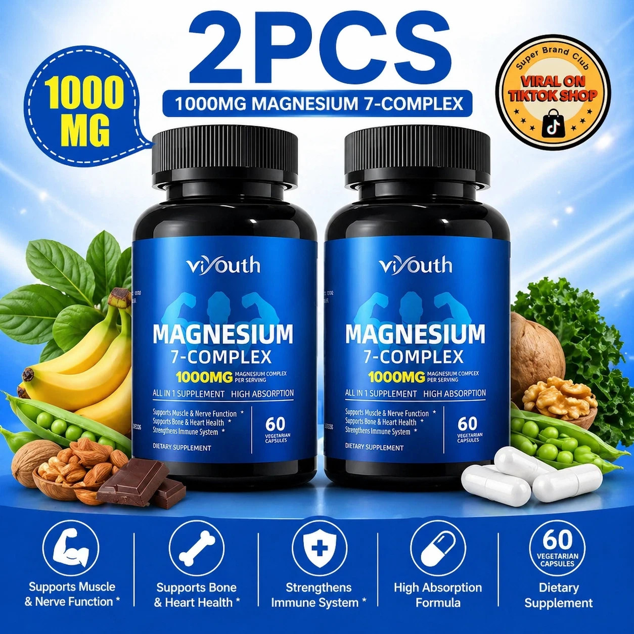 Magnesium 2-Pack 7 Complex 120 Capsules, Advanced Daily Wellness Blend, Plant-Ba