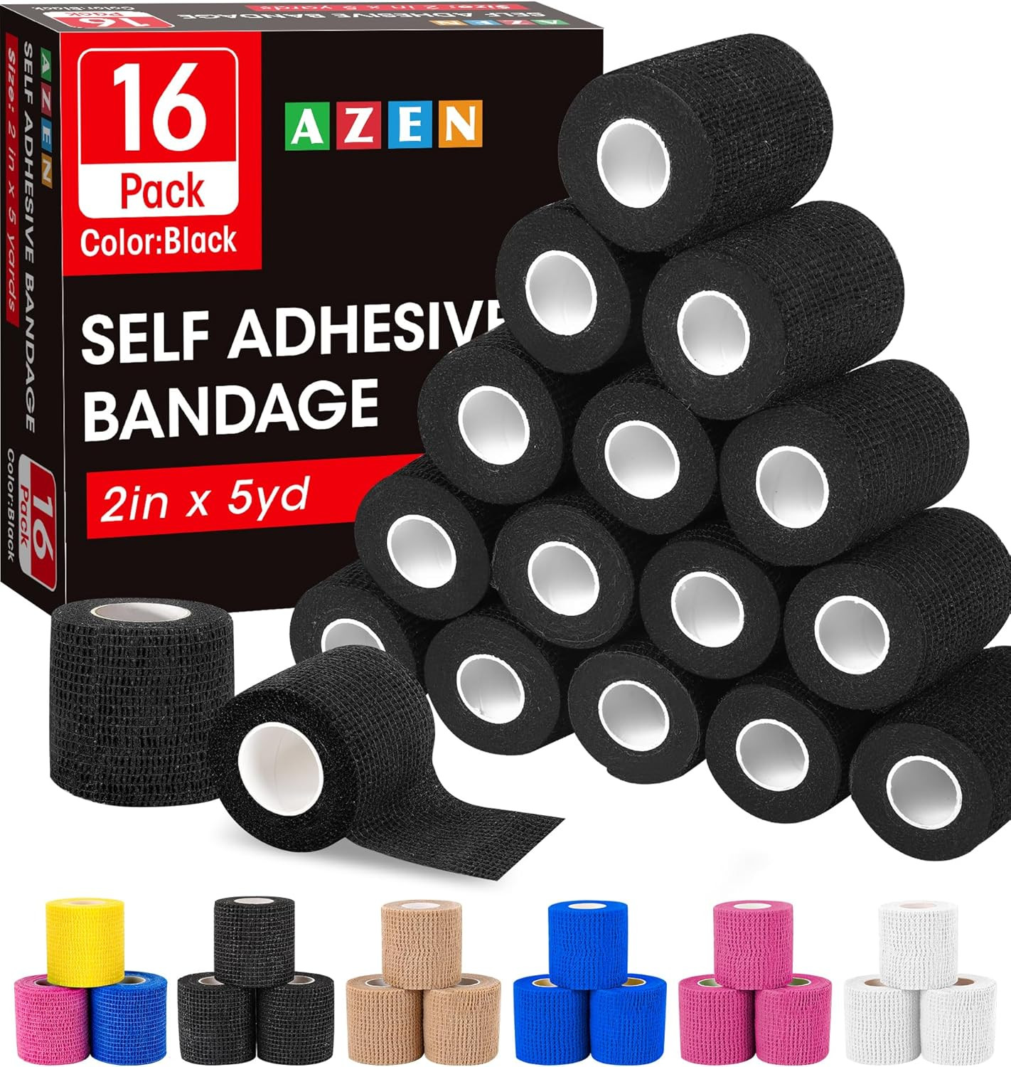 16 Pack Self Adhesive Bandage Wrap Black, 2″ X 5 Yards Black Athletic Tape, Vet