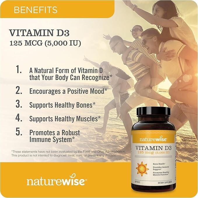 Vit D3 5000Iu (125 Mcg) 1 Year Supply for Healthy Muscle Function, and Immune Su