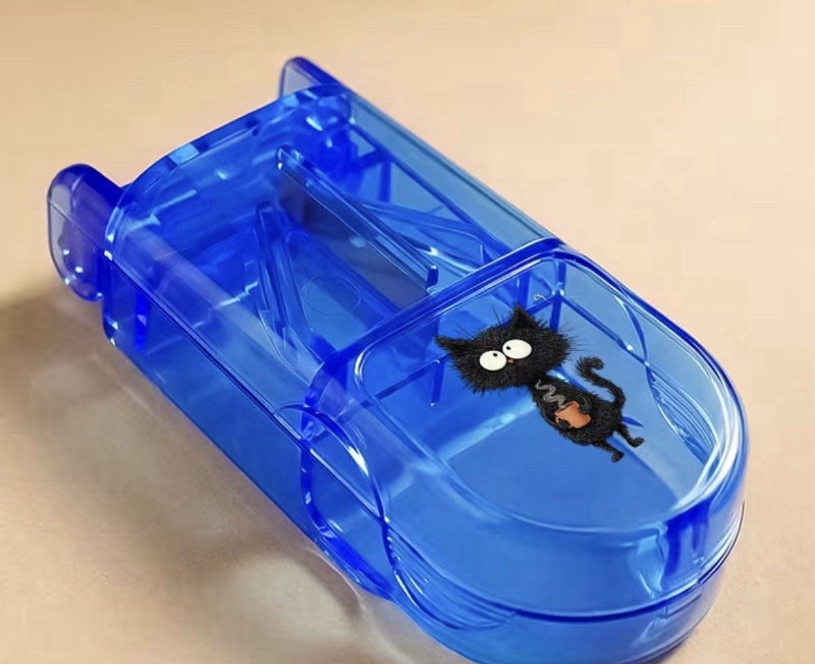 Blue Transparent Plastic Pill Splitter Cutter with Tablet Storage Case