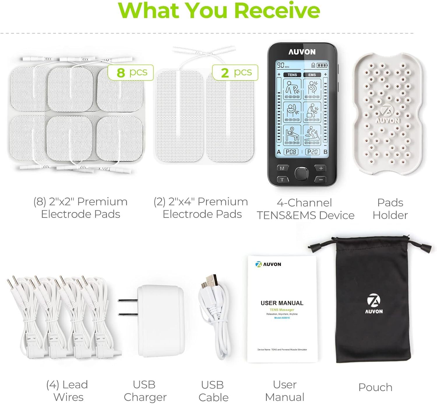 AUVON 4 Outputs TENS Unit EMS Muscle Stimulator Machine for Pain Relief Thera…