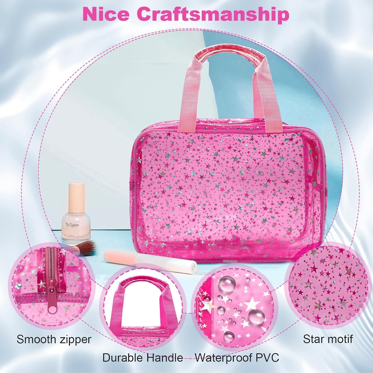Clear Red Star Large Makeup Bag with Star Pattern12x5x8 inch,Travel Cosmetic Bag