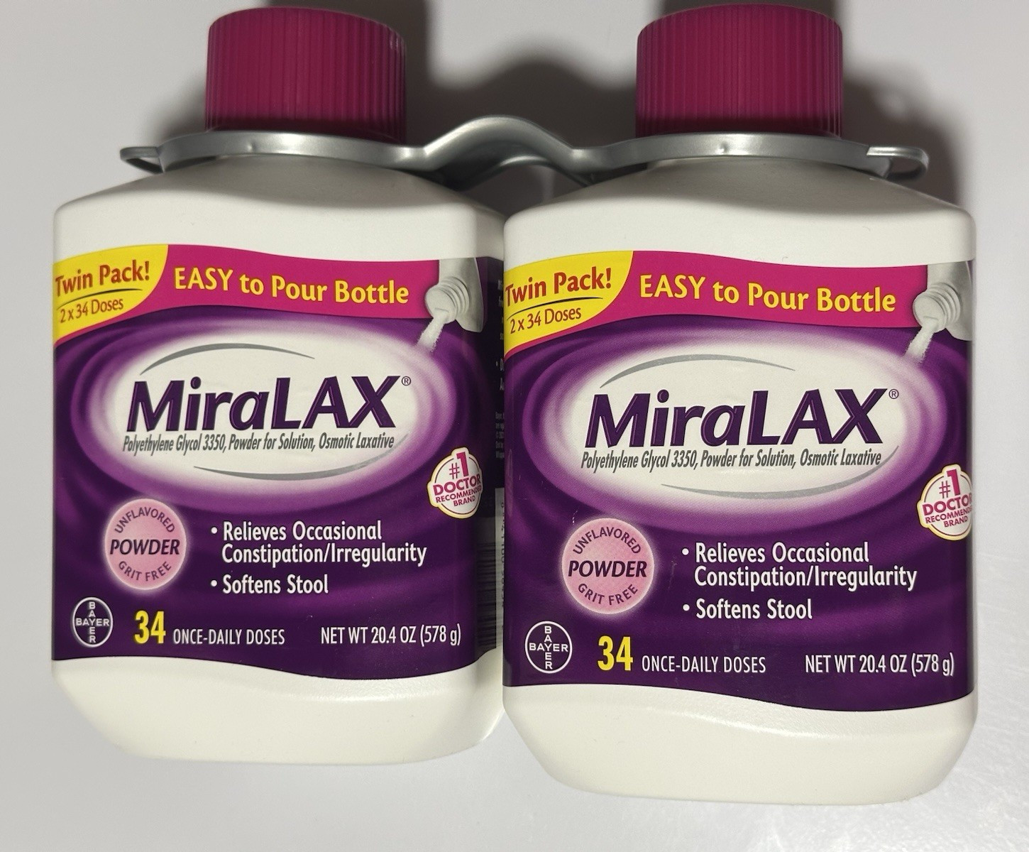 MiraLAX Polyethylene Glycol 3350 Powder Laxative 20.4 oz 34 Dose Twin Pack