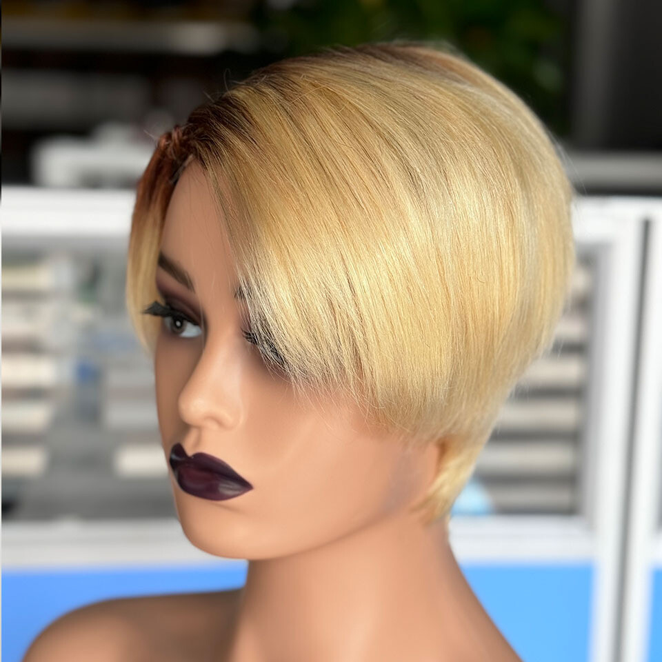 C Part Lace Pixie Cut Ombre Blonde Human Hair Wig Short Straight Wig for Women