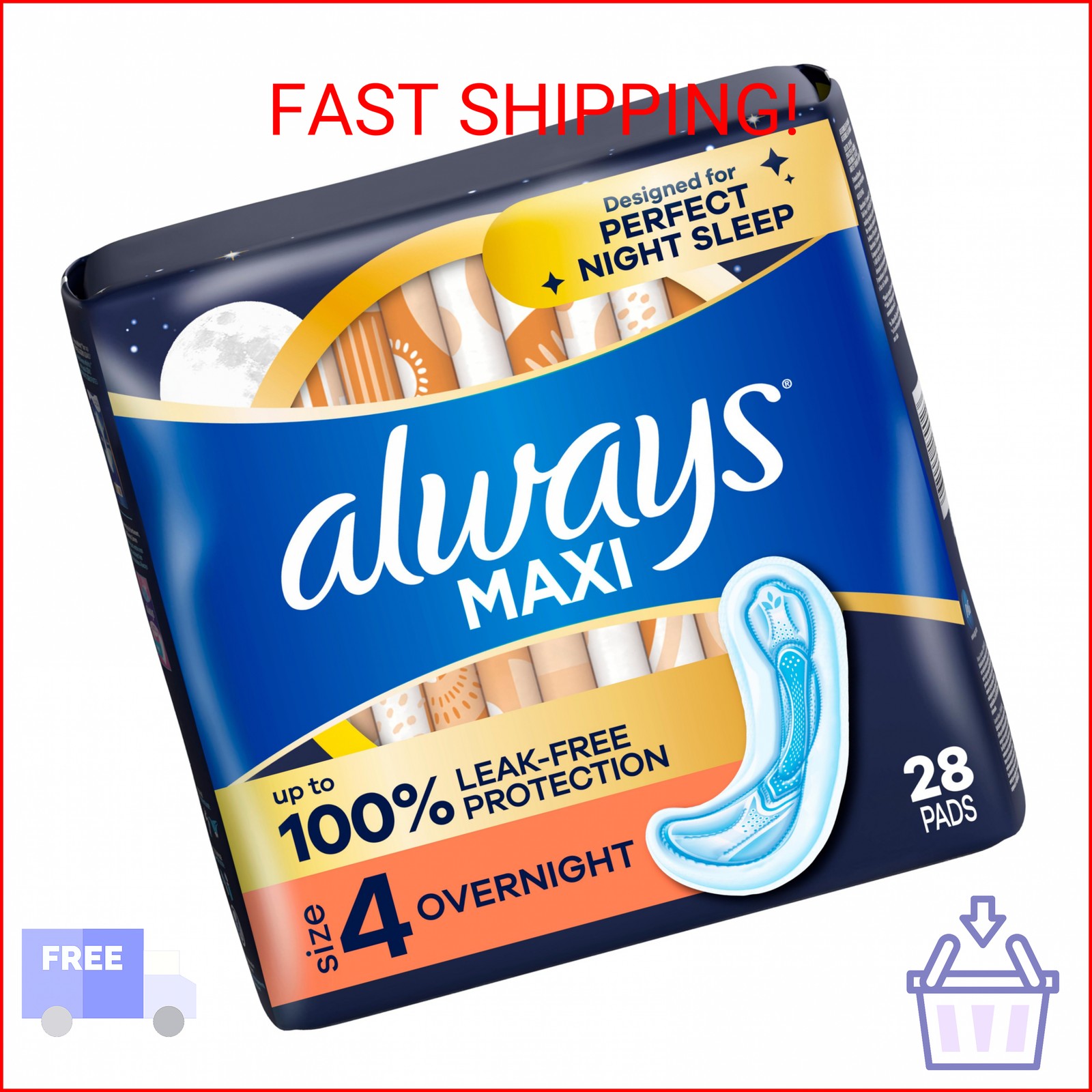 Always Maxi Feminine Pads for Women, Size 4 Overnight Absorbency, Without Wings,