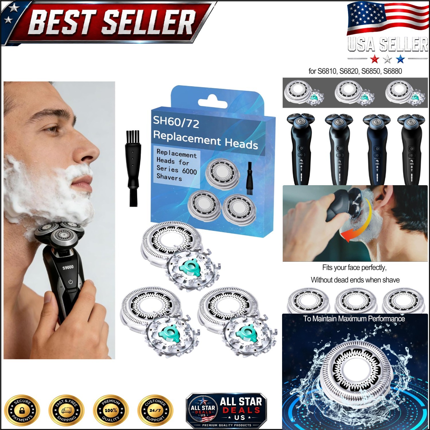 SH60/72 Replacement Shaving Heads for Philips Norelco Razors S6810-S6881