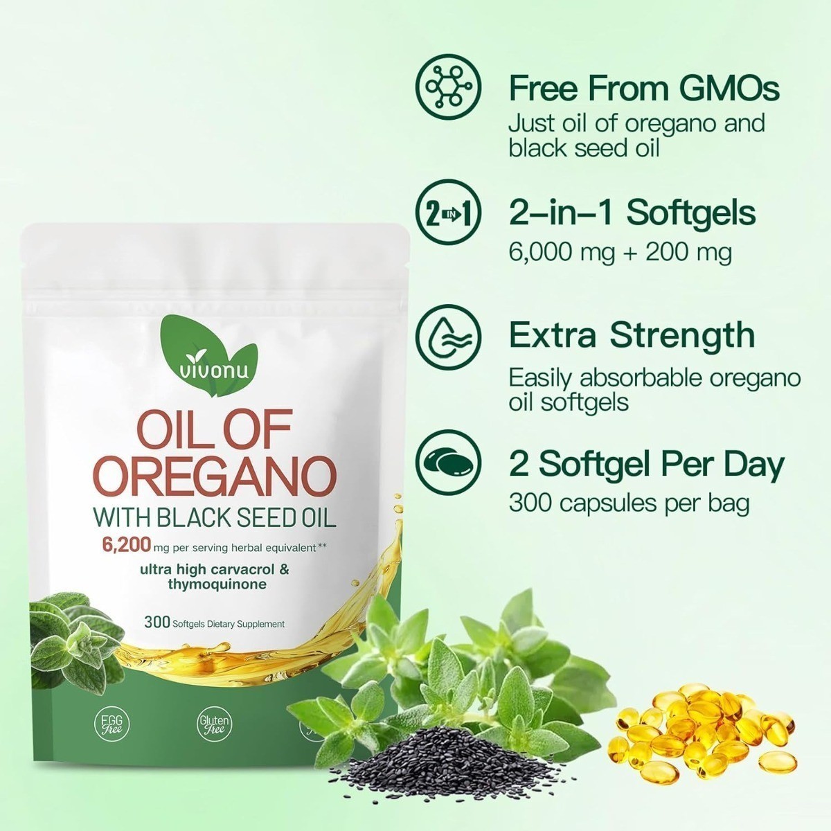 NEW VivoNu Oil of Oregano Capsules with Black Seed Oil Organic Oregano Softgels