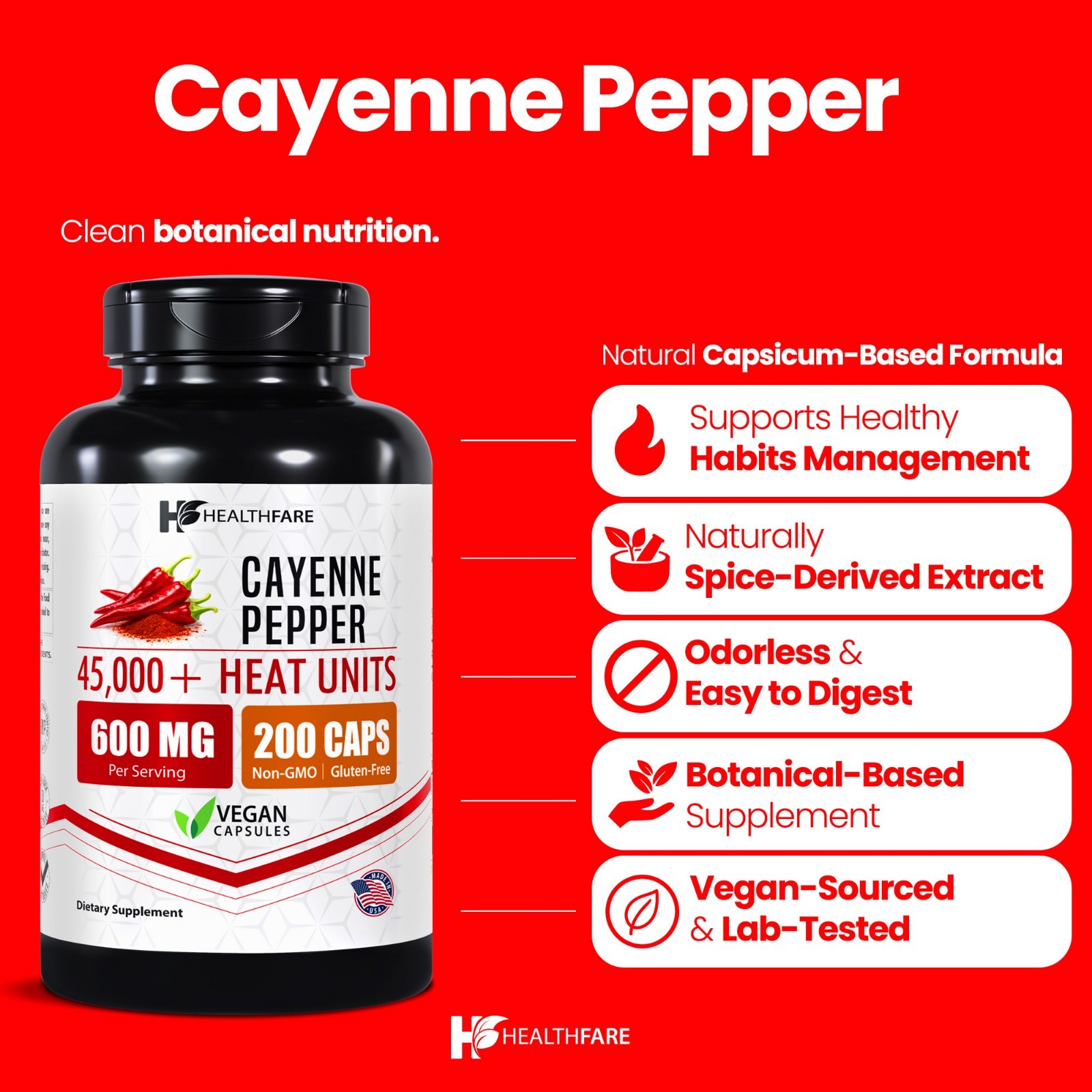 Healthfare Cayenne Pepper Extract, 600mg | 200 Veg Capsules | 45,000 HU