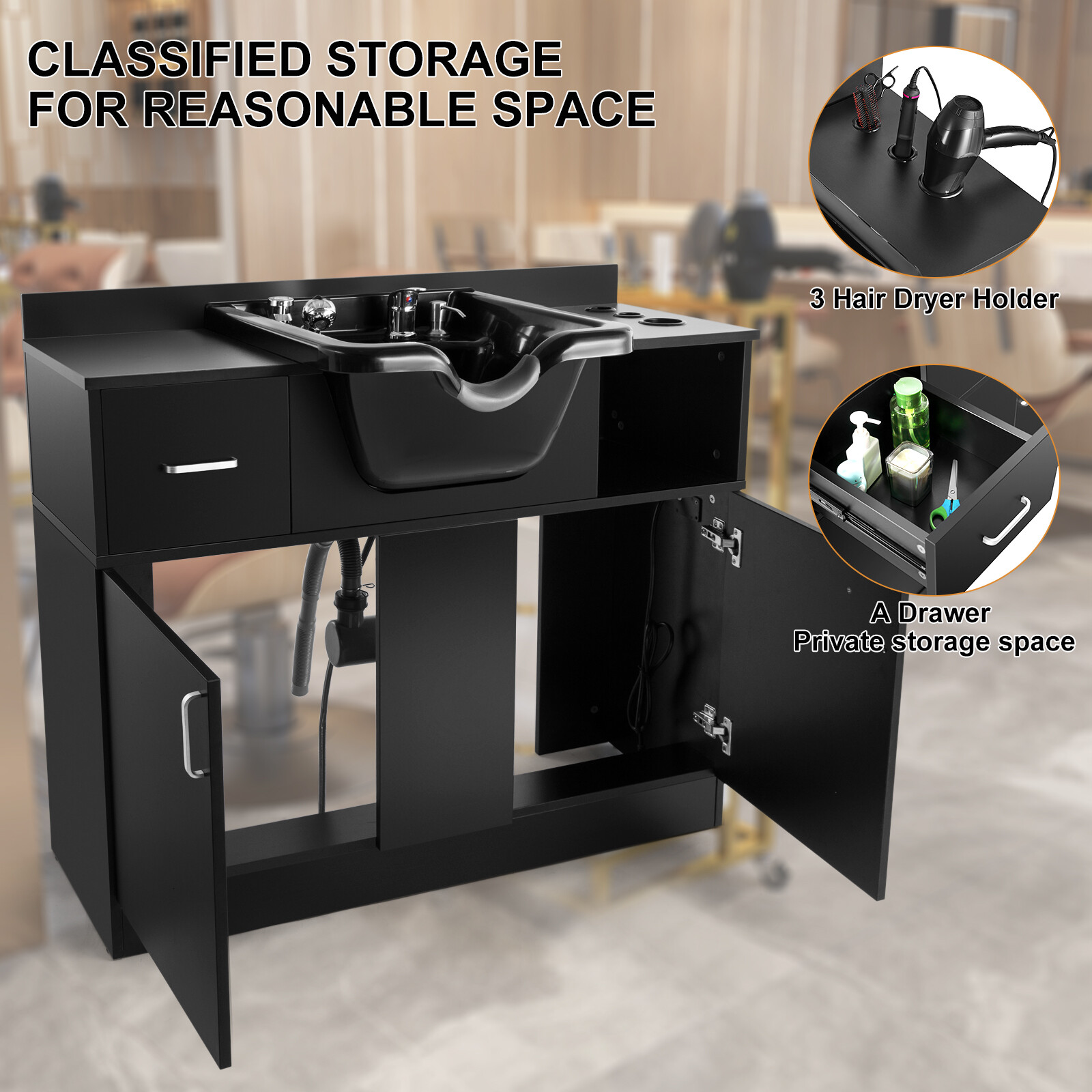 Pro Salon Backwash Sink Bowl Shampoo Station with Drawer,USB,P Trap Outlets