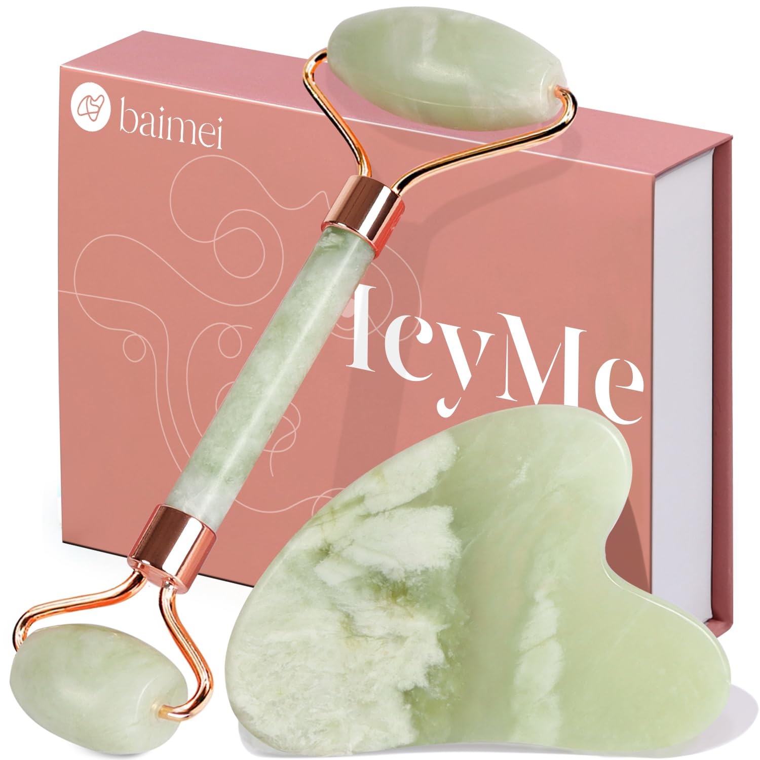 BAIMEI IcyMe Jade Roller & Gua Sha Set Face Roller and Gua Sha Facial Tools for
