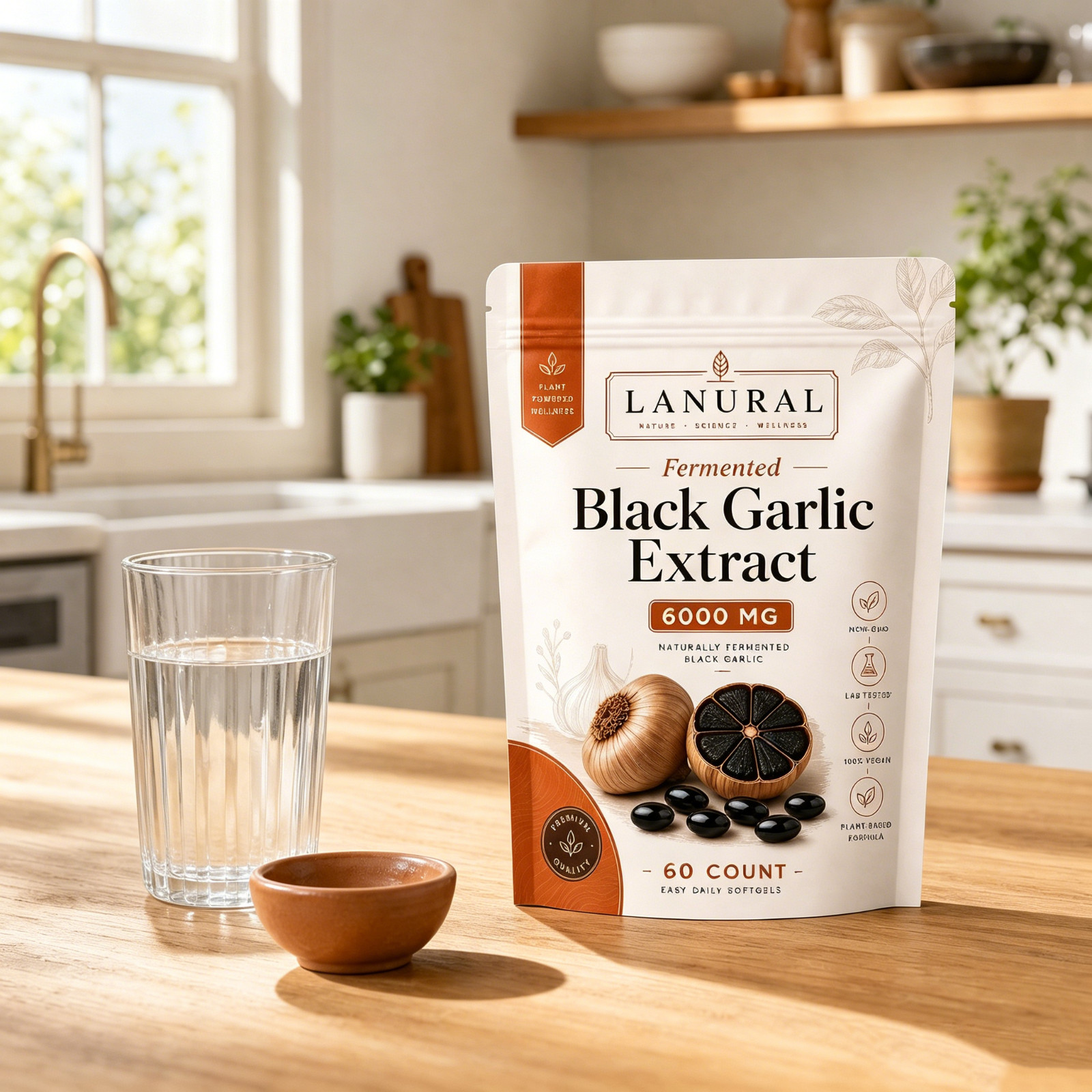 Lanural Fermented Black Garlic, Odorless Capsules, 60 Count